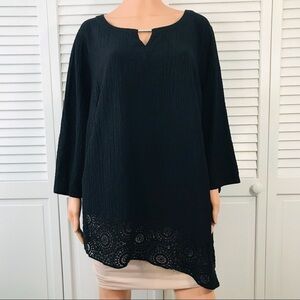 3/$25 JM COLLECTION Black Asymmetrical Blouse Crinkle Crochet Hem Plus Size 3X